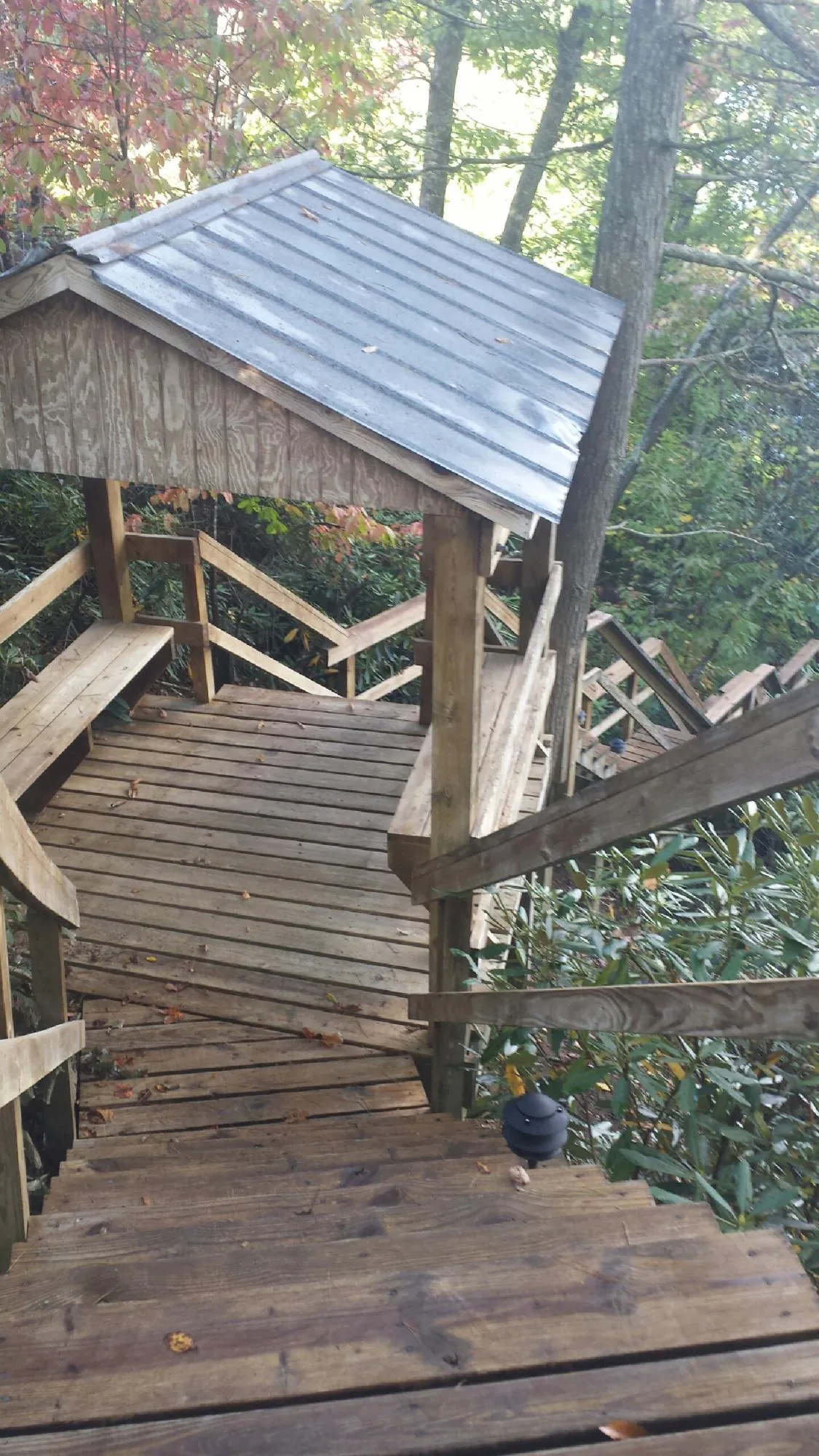 Metal roofed shelter over wooden steps on a wooded walkway — Skylight Repair & Installation work by our crew in Himrod
